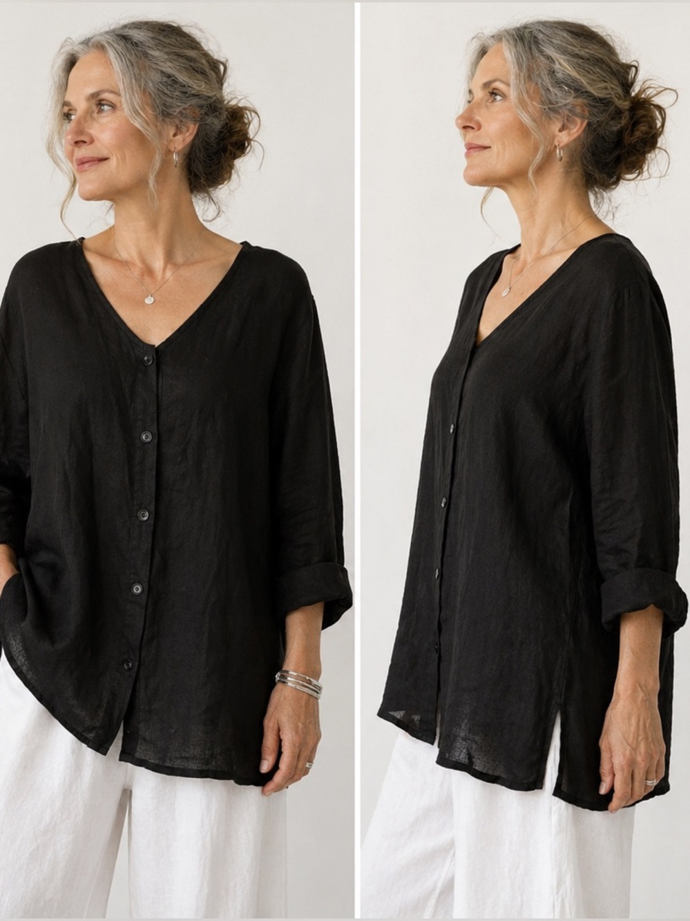 Flax Linen Tunic V Neck Button Front Long Sleeve Boxy Lagenlook Size L